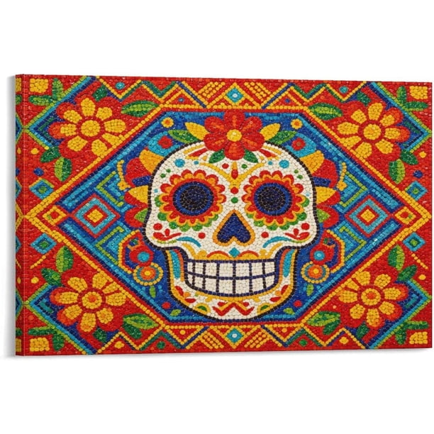 Impresión calle colonial con ornamentación Día de Muertos, personajes tradicionales y puestos de mercado, decoración cultural mexicana festiva para hogar y local comercial