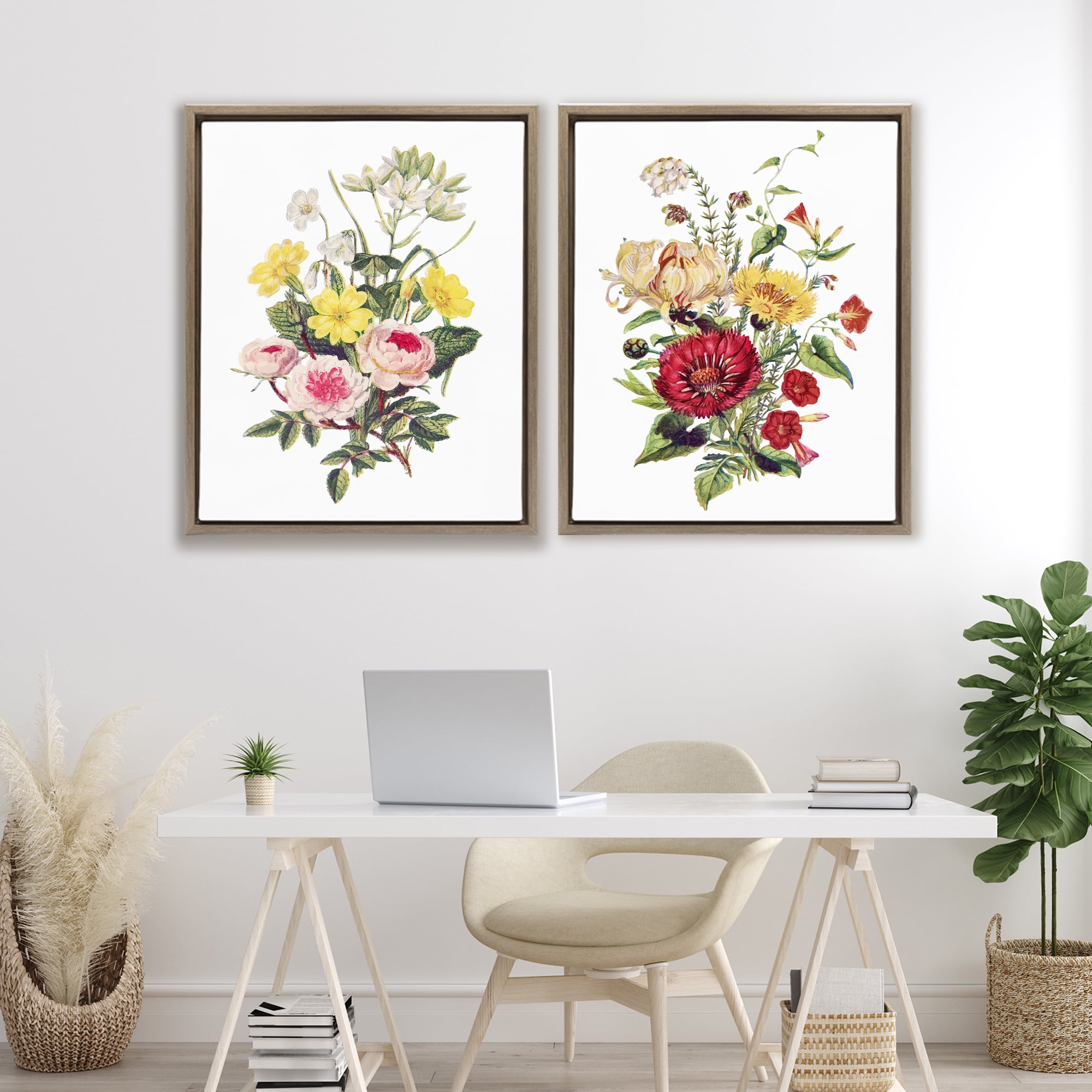 Mixed Flower Bushels 2 Piece Brown Framed Floater Canvas Set, design by Lettered and Lined
