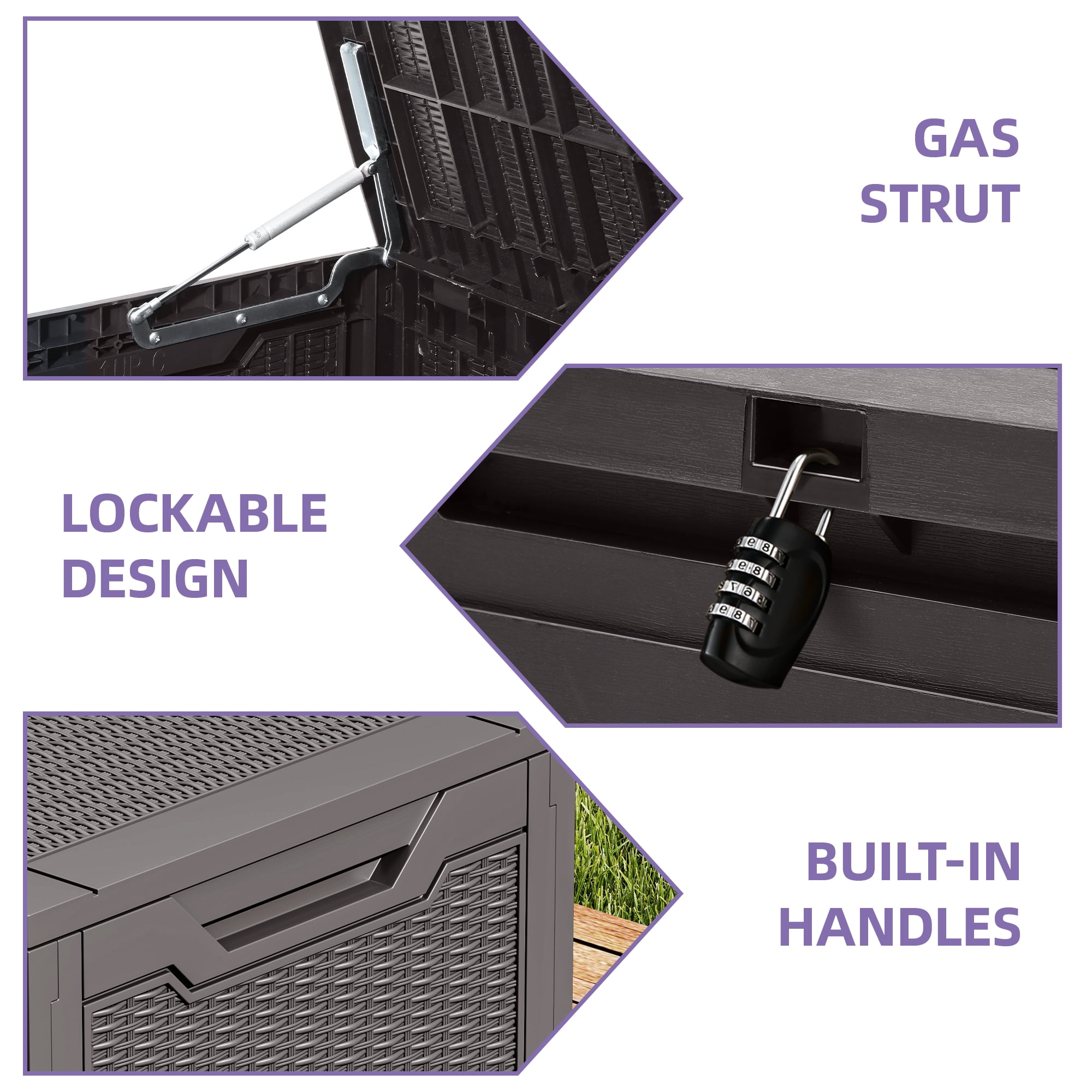 Uforic 100 gallon resin deck box. Outdoor waterproof storage box. Lockable. Dark brown.