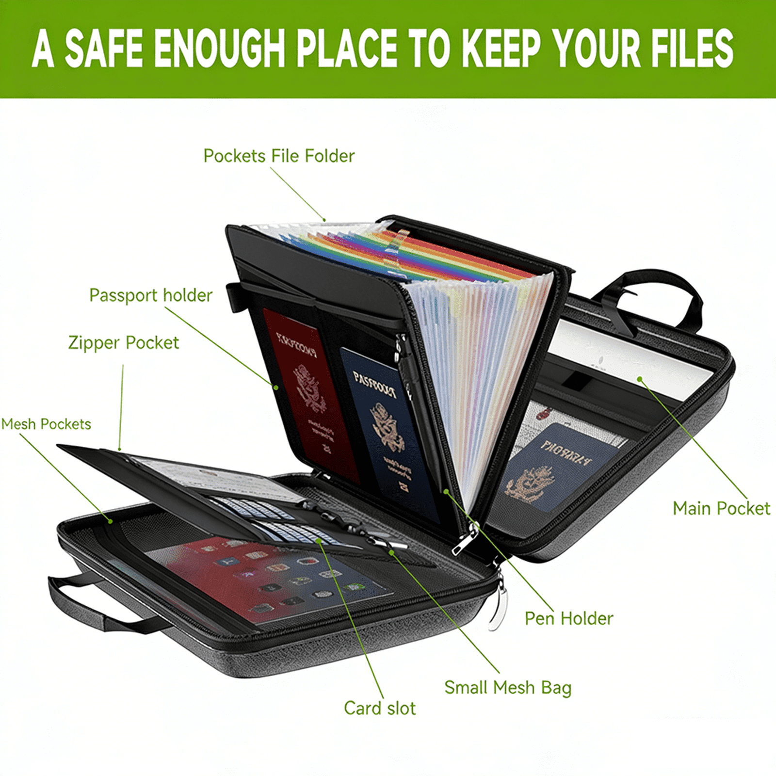 Djiypn Fireproof Accordion File Organizer with Lock,Hard Case Fireproof Document Box with 10 Pockets for Certificates, Passports Laptop Important Documents Portable Home Office Travel Safe Storage