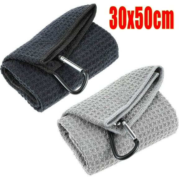 2 Pack Microfiber Golf Towel With Carabiner Clip on Golf Bag Black Gray 30x50cm