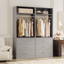 Aheaplus Set of 2 Closet Systems: 6 Wood Drawers   2 Hanging Rods   2 Shelves, Freestanding Walk-in Closet Organizer, 48x15x80 Inch, Heavy Duty,Gray