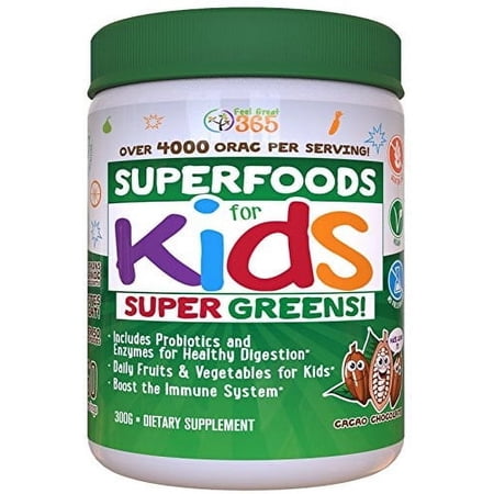 USDA Organic Kids Superfood Greens Cocoa Chocolate Superfood Powder by Feel Great Vitamin Co. (60 Servings) | Made with Real Greens, Organic Fruits & Vegetables | Gluten Free | Contains Enzymes and Pr