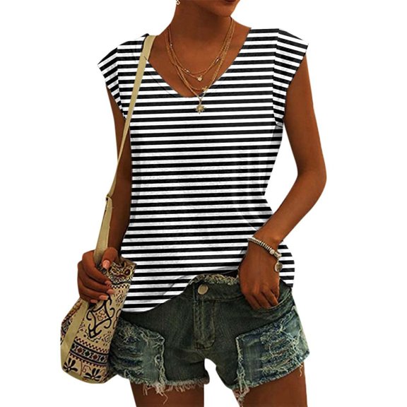 WMQPNNS Womens Trendy Tank Tops Summer Casual V Neck Sleeveless Striped Shirts Ladies Loose Fit Camis, Black, Size XL