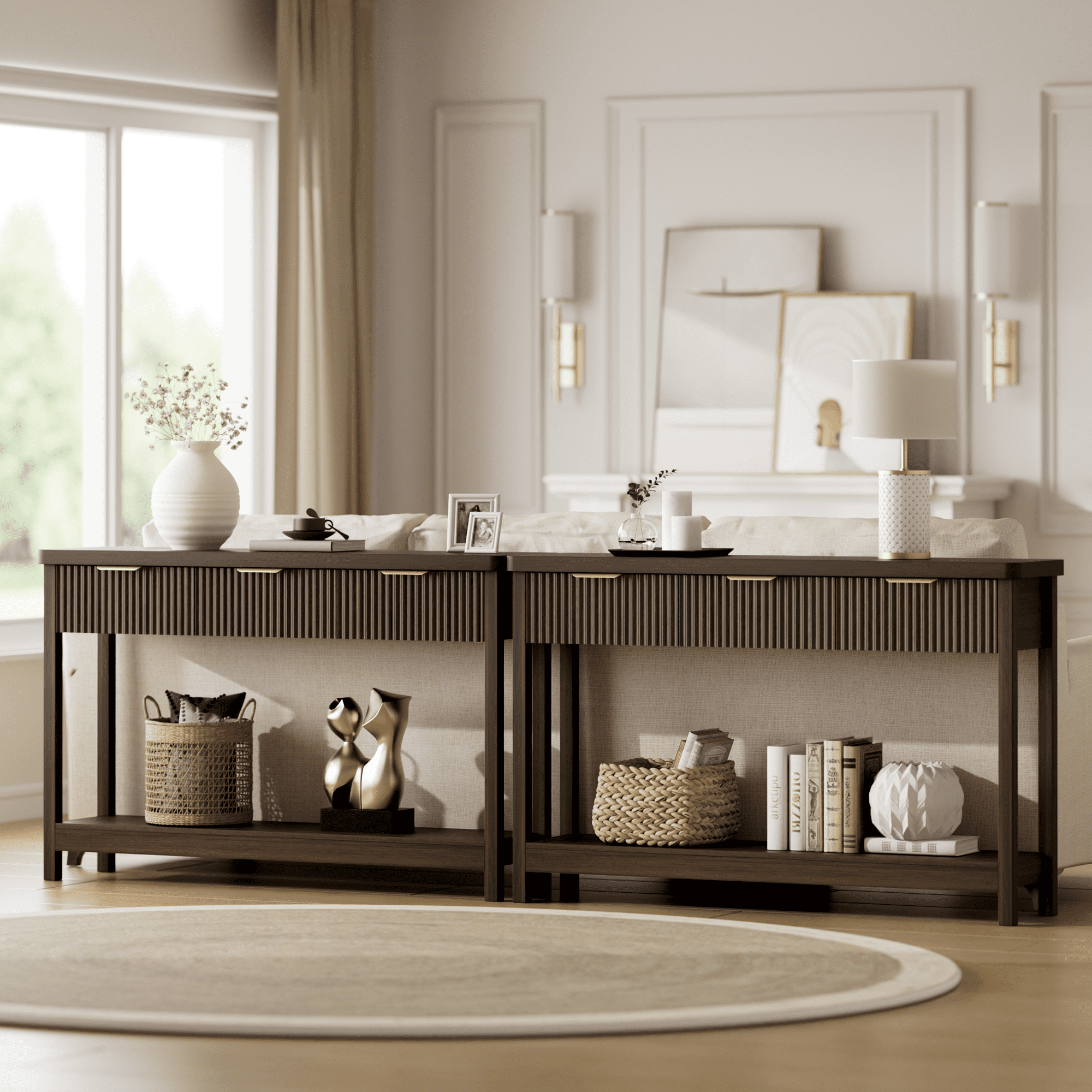 Laintene Fluted Console Table, 51" Narrow Entryway Table with 3 Drawers, Entry Sofa Table Behind Couch with Open Storage Shelf, Modern Display Shelf for Living Room Hallway, Walnut