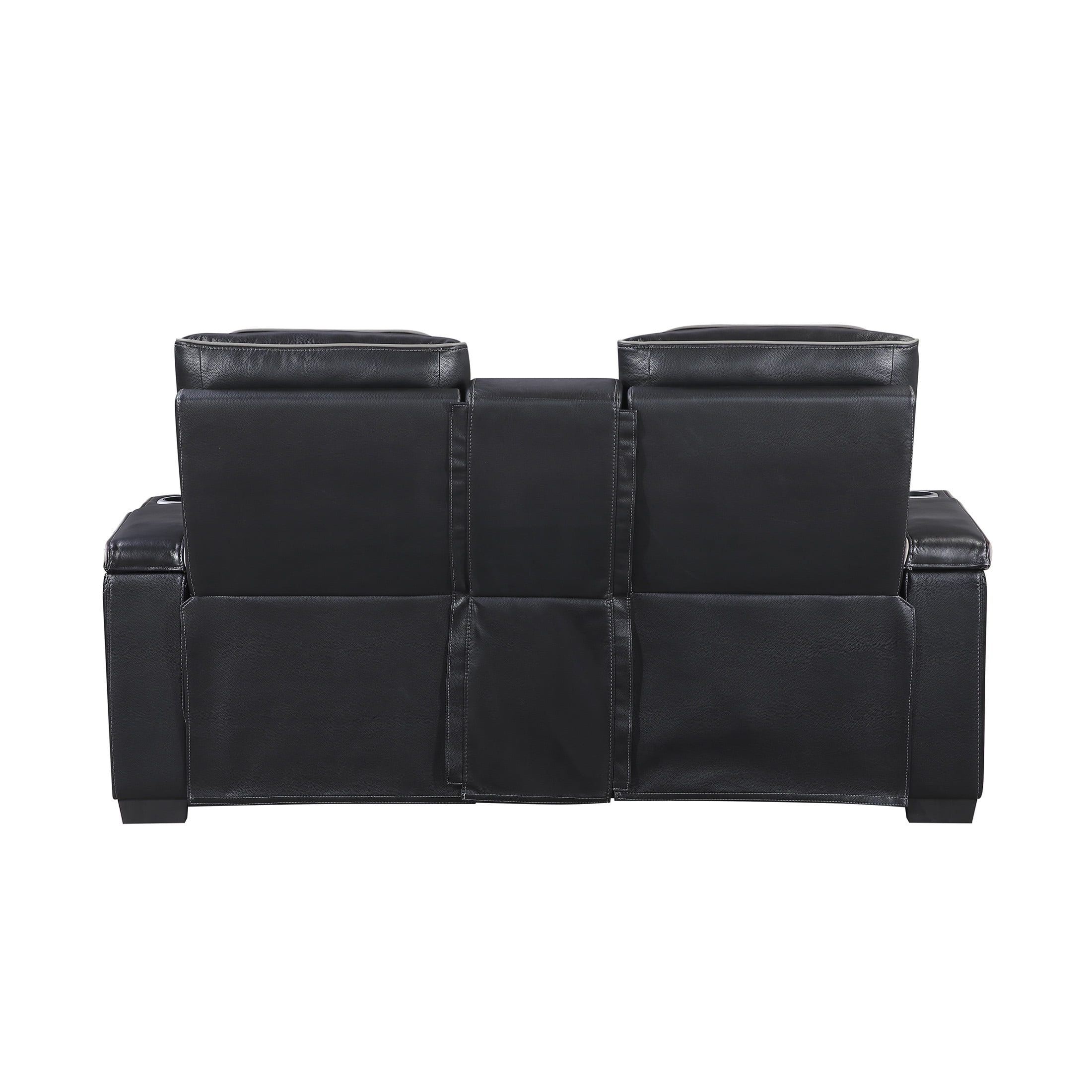 OakvillePark Elantra Leather Match Power Double Reclining Love Seat with Center Console/Power Headrests/Storage Arms/Cup Holders/Wireless speakers/Air Massage/Heat/LED Lighting/Charging Ports, Black