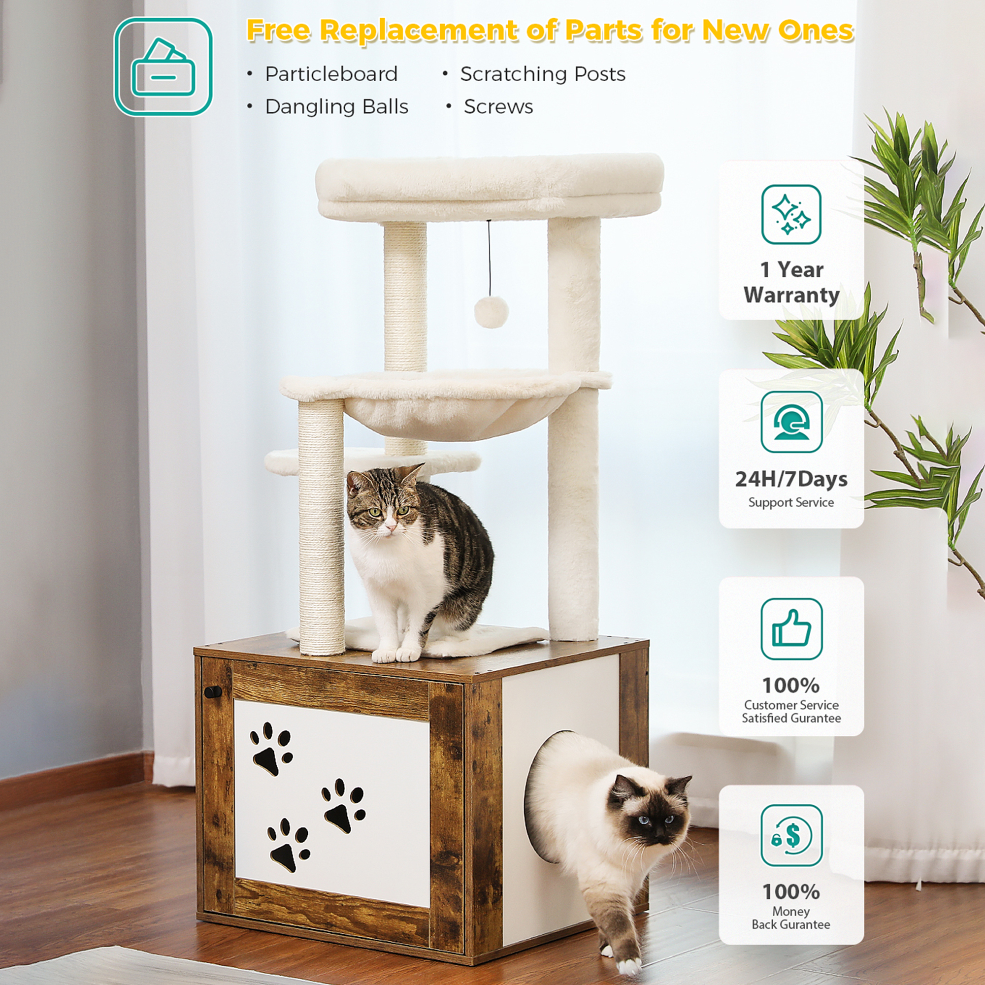 resenkos 46" Cat Tree Tower with Litter Box Enclosure, Wood Cat Condo with Hammock, Cat Scratching Posts, Removable Top Perch, Brown