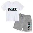thumbnail image 3 of Conjunto de 2 piezas de camiseta de manga corta y pantalones cortos con estampado de letras de marca de verano, traje deportivo informal para niños y niñas, conjunto de moda para niños, 3 of 5
