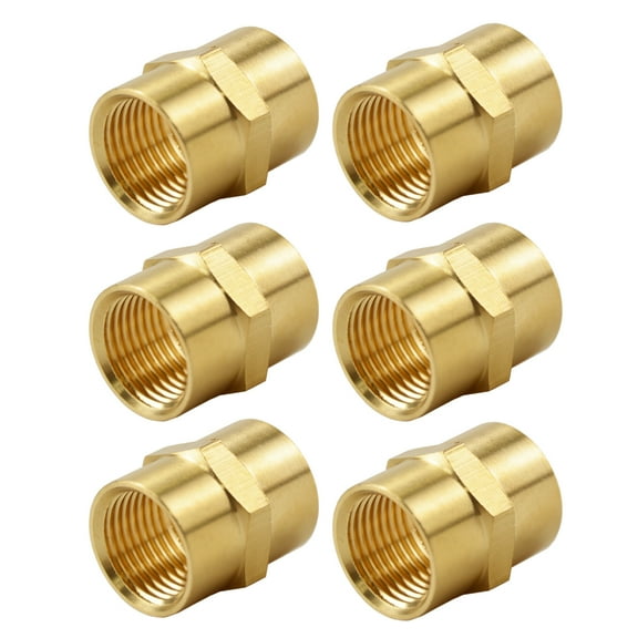 (6 Pack) Brass Coupler Reducer Adapter, 1/4" NPT Female x 1/4" NPT Female Hex Nipple, Pipe Fitting
