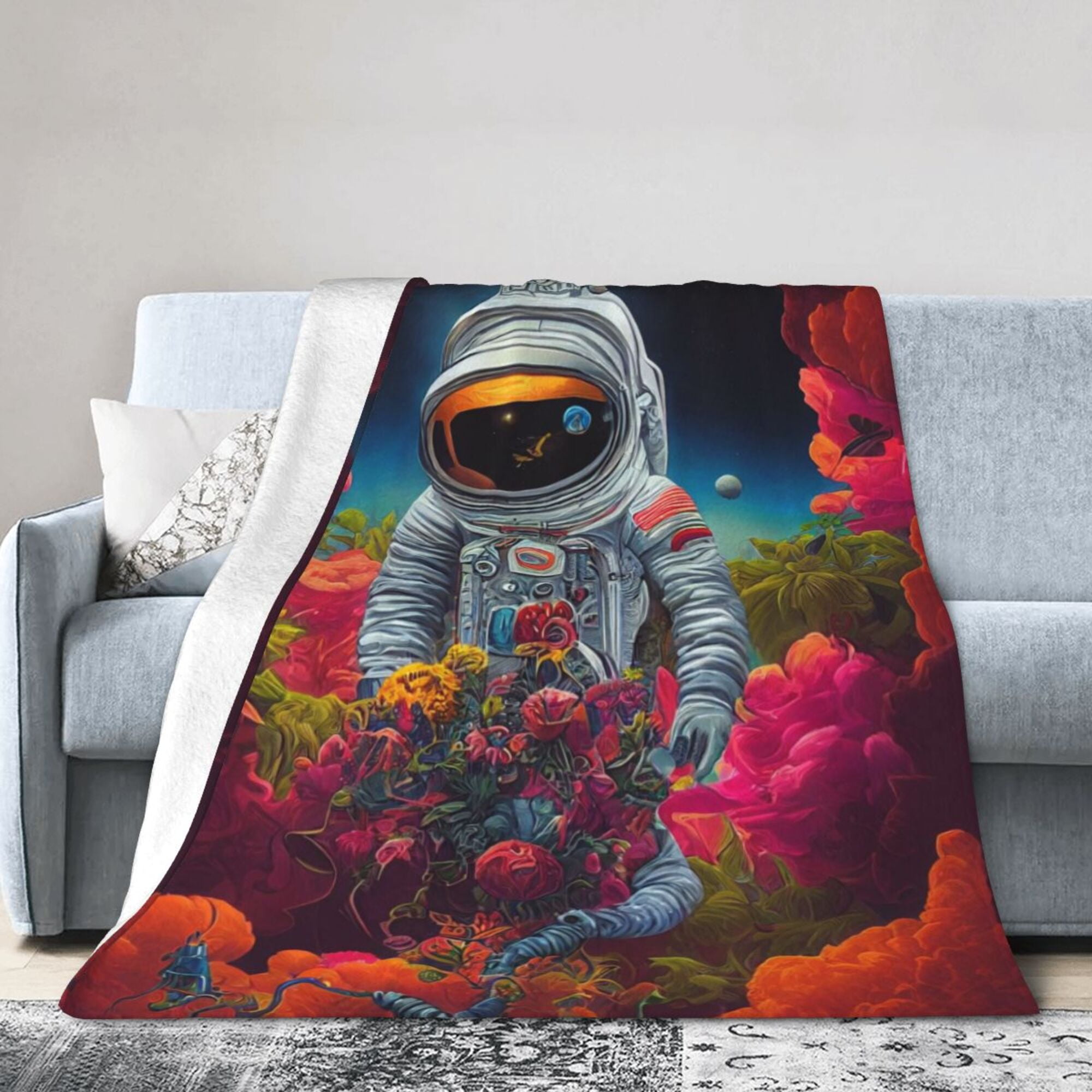 Flower Planet Astronaut Blanket, Fluffy Soft Cozy Blanket Flannel