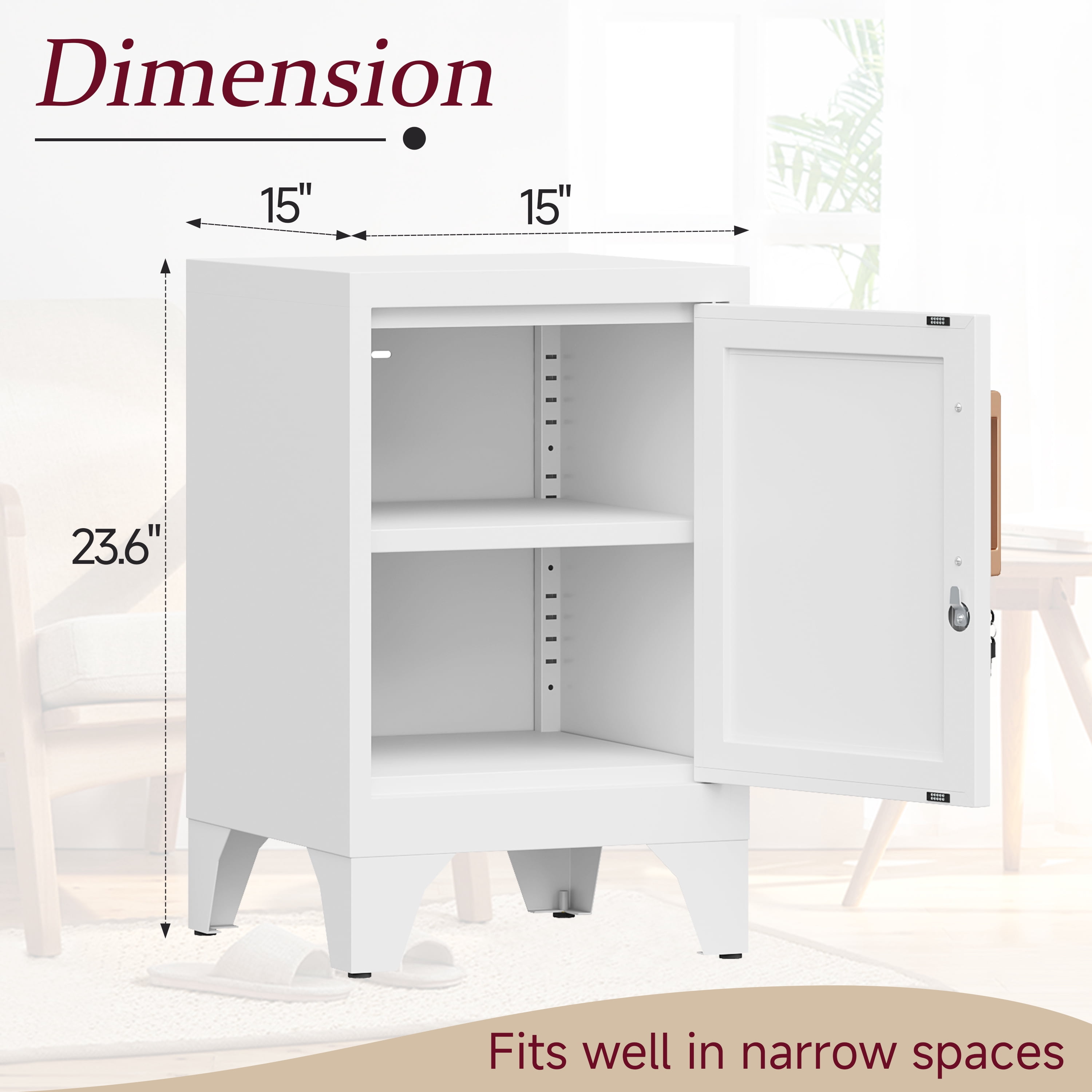 Bestoo Metal NightStand Storage Cabinets with Lock and Adjustable Shelf, Small End Table Side Table for Small Space, Lockable Bedside Table for Home Office Living Room Bed Room, White