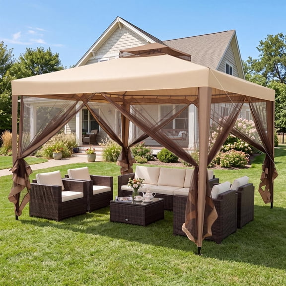 Costway Outdoor 10' x 10' Gazebo Tent Camping Canopy with Steel Frame for Parties Gathering Brown