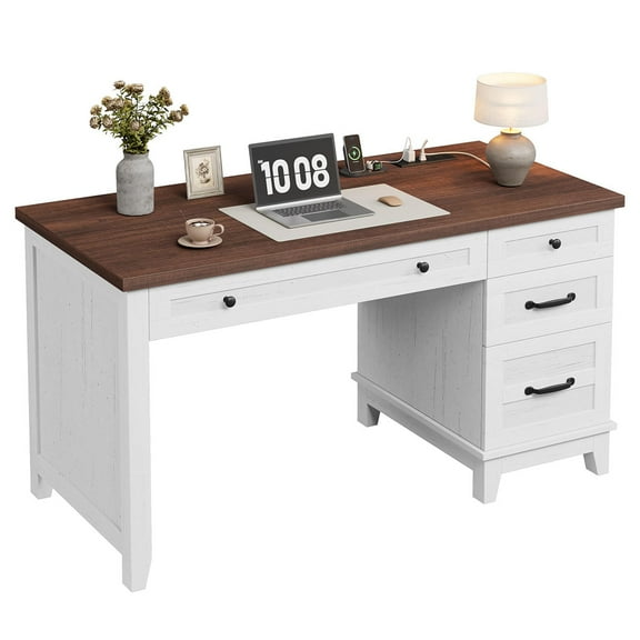 Soonbuy 53.5" Wooden Work Desk with File Cabinet,Home Office Desk with Drawers,Executive Desk with Power Outlet,Computer Desk for Work, Study, Writing