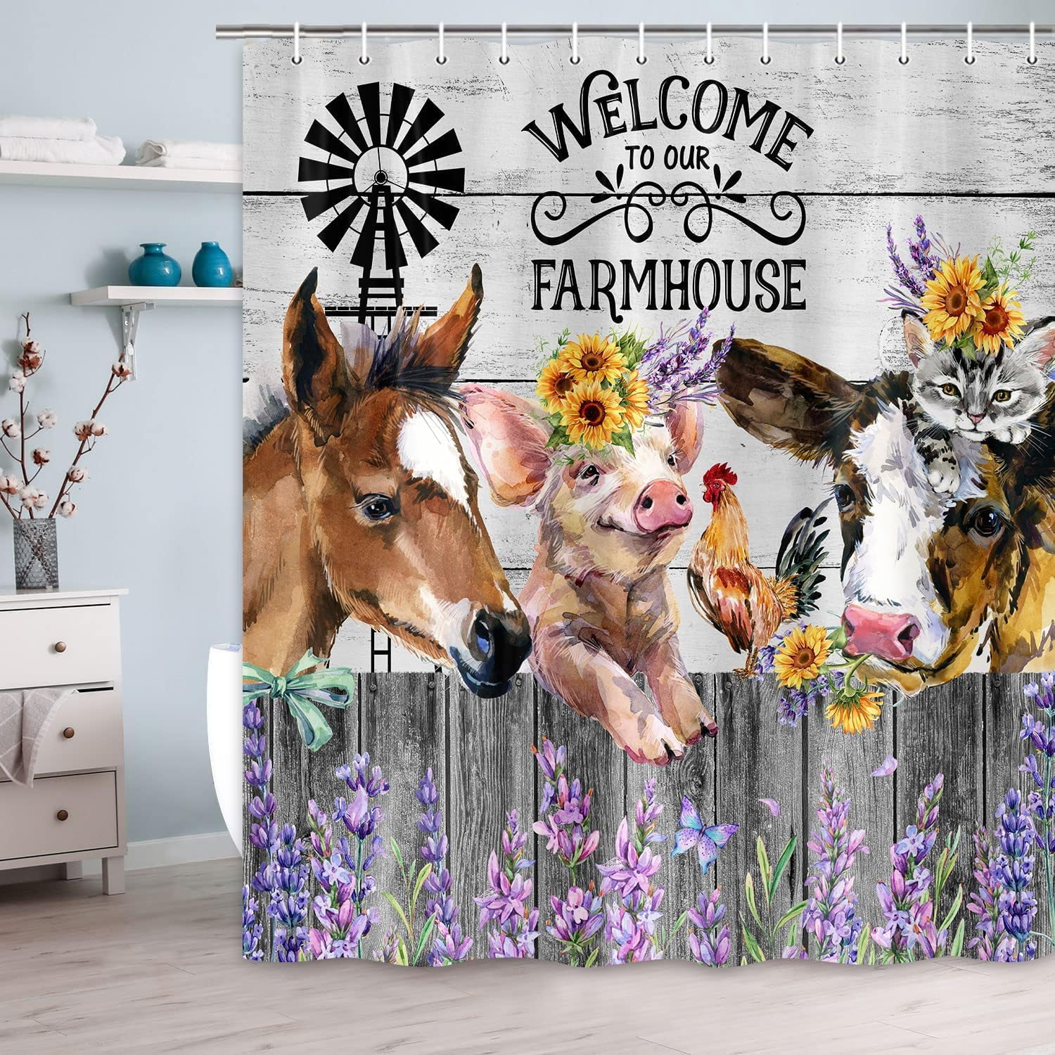 Funny Farm Western Wildlife Animals Shower Curtain, Farmhouse Cute Cow Cat Chicken Pig Horse Bathroom Curtain Set, Country Wooden Bath Curtain Fabric Rustic Flower, 72X72in