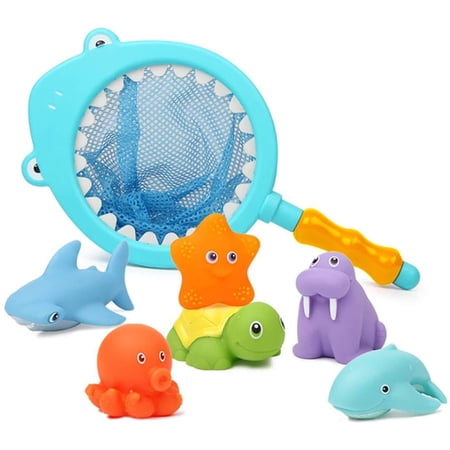 Bath Toy - Water Spraying Discoloration Floating Animals - Bathroom Pool Accessory - Shark Scoop Net Catch Play Set for Babies and Kids (7 Piece)