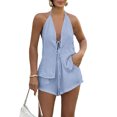 thumbnail image 3 of Women'S Summer Solid Loose Fit Sexy- Backless Halter Tie Front Tops and High Waisted Shorts 2 Piece Blue XL, 3 of 9