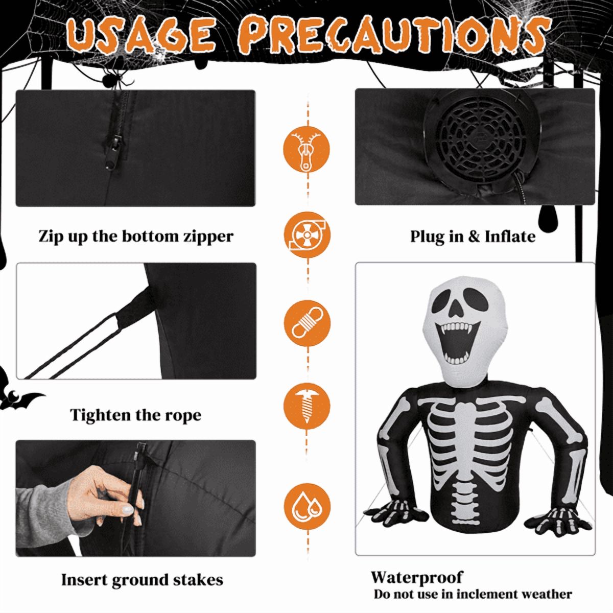 Alvantor 6 ft Halloween Inflatable Skeleton with 3 LED Lights, Black and White, for Outdoor Yard Display