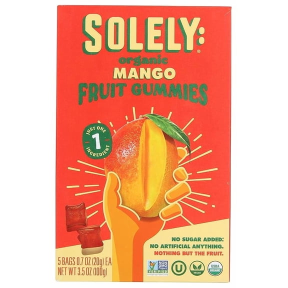 SOLELY Organic Mango Whole Fruit Gummies | Two Ingredients | No Added Sugars, Artificial Colors or Flavors | Vegan Fruit Snacks, 0.7 Ounce (Pack of 5)( Pack of 2 )