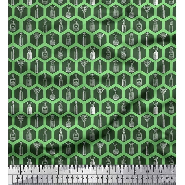 Soimoi Green Rayon Fabric Honeycomb Design & Designer Bottle Print Sewing Fabric Yard 42 Inch Wide