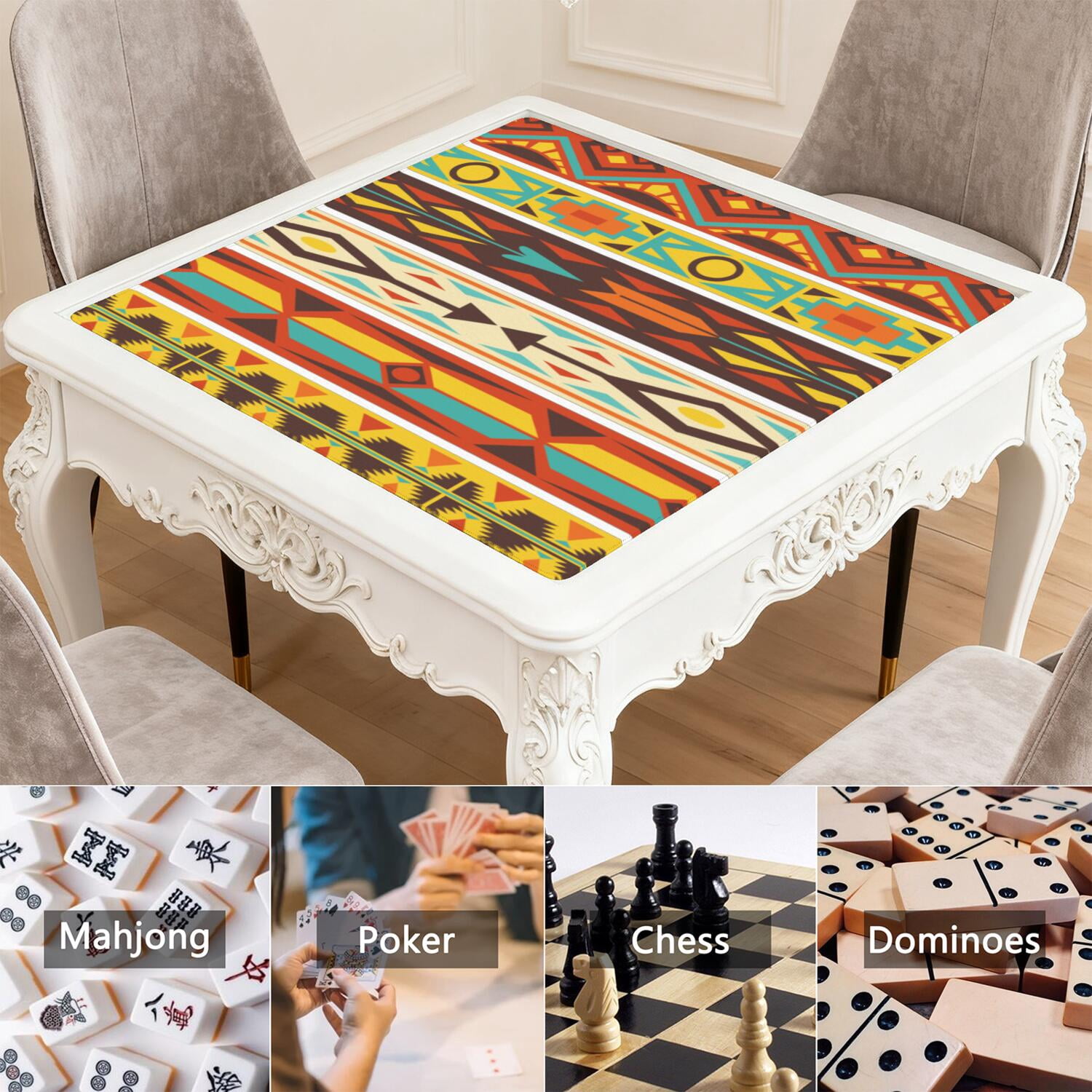 31.5 Inch Boho Mahjong Table Mat, Anti-Slip Noise Dampening Rubber Pad for Tiles, Multi-Functional Mat for Card Games Board Games and Tabletop Protection