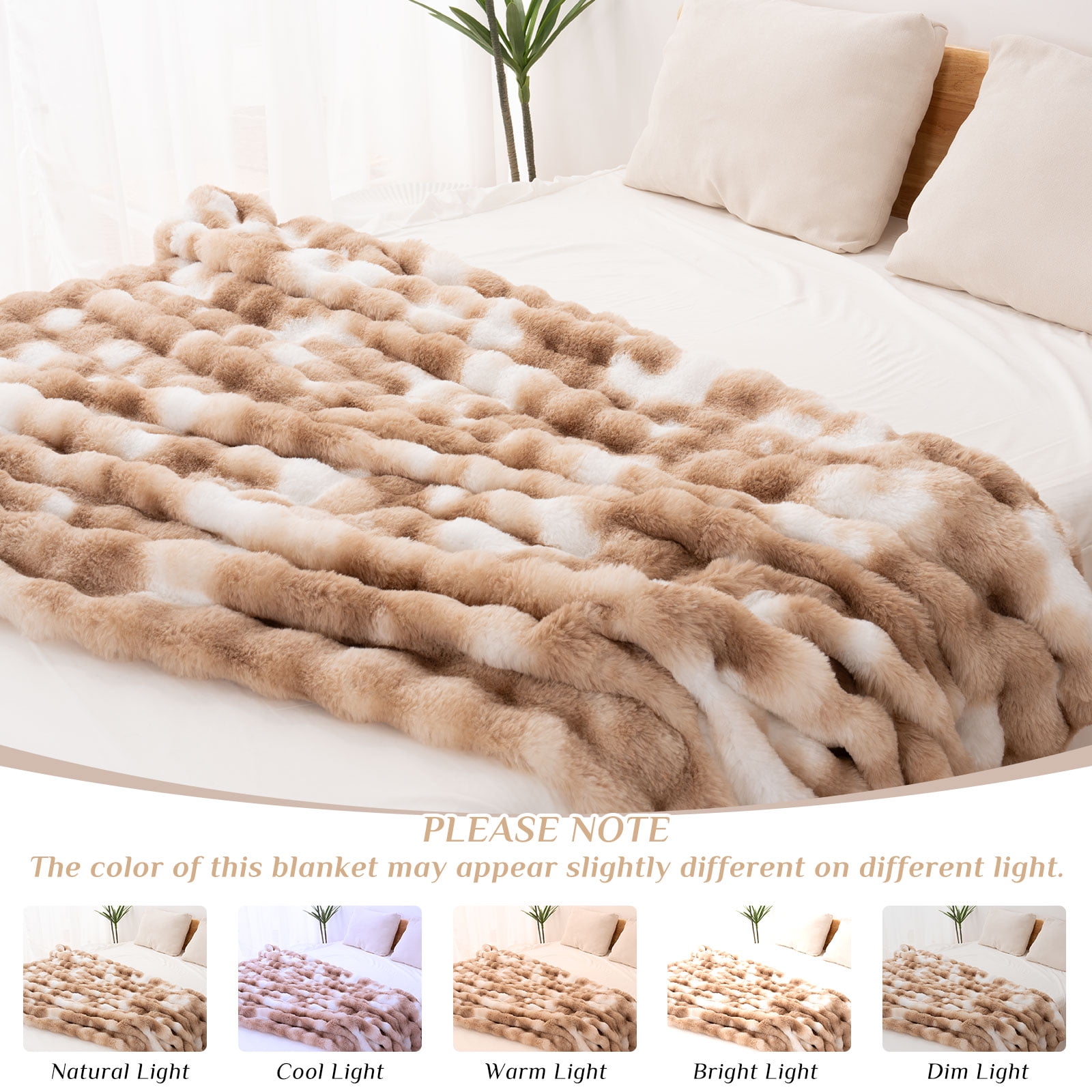 VK·LIVING Thick Ribbed Faux Rabbit Fur Cozy Reversible Throw Blanket,Super Soft 3D Striped Fuzzy Cozy Blankets,Brown,108"x 90"