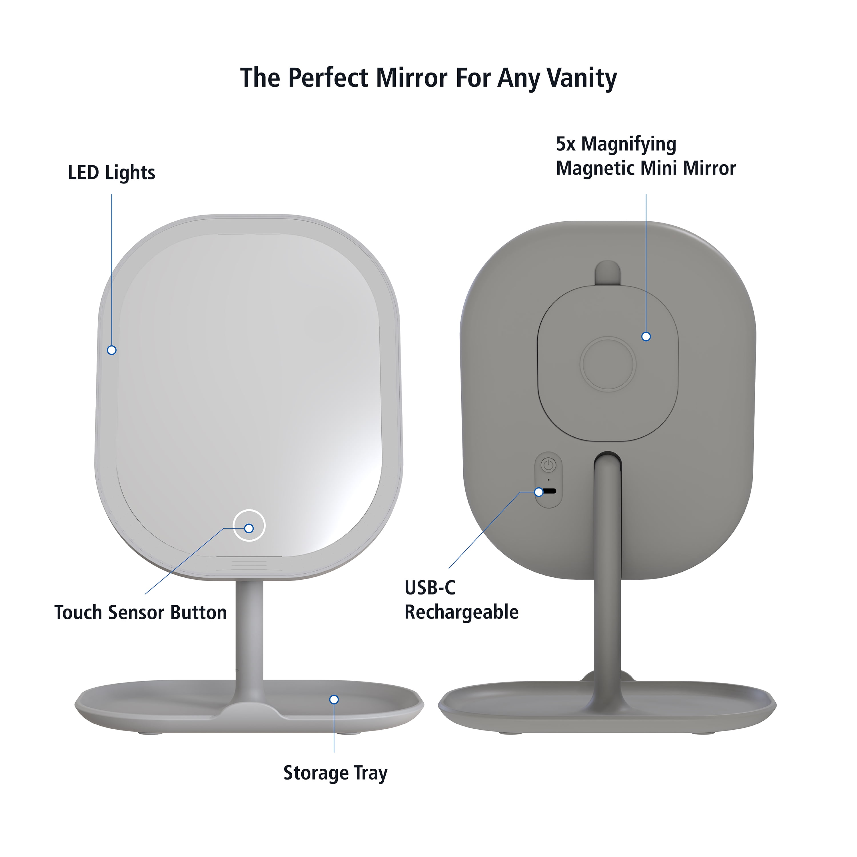 Mainstays Rechargeable LED Vanity Mirror with Storage Tray Base, Silver