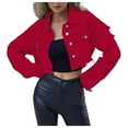 thumbnail image 3 of YDFCWXW Womens Denim Jacket Womens Denim Jacket Women Cropped Distressed Button Down Jackets Trendy Long Sleeve Frayed Coat Red, XS, 3 of 9