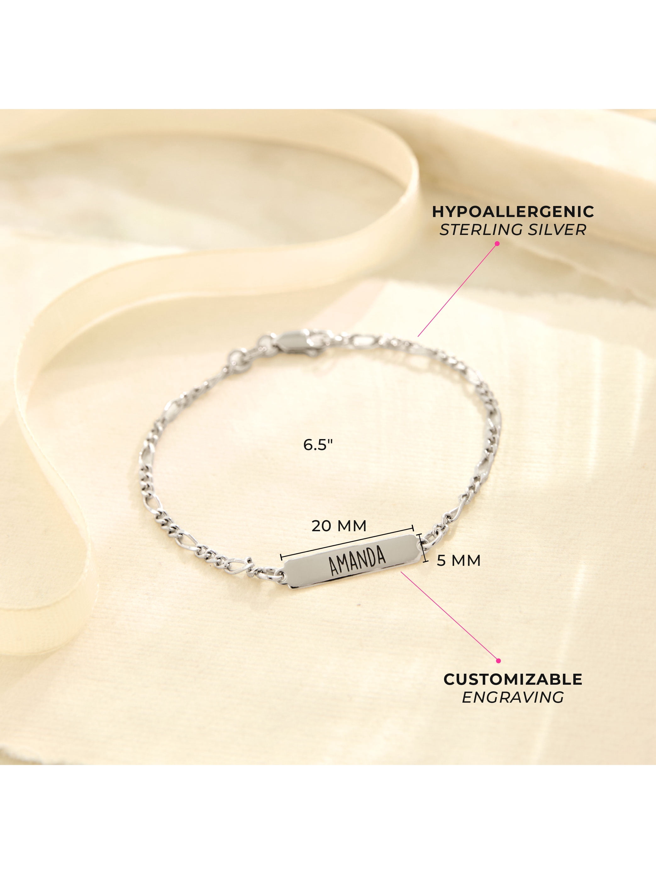 925 Sterling Silver Figaro Chain Identification Tag Bracelet for Girls & Boys