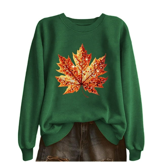 Lcziwo Chandail de l\'Action de Grâce pour Femmes, Chandail en Molleton à Paillettes avec Imprimé de Feuille d'Érable, Manches Longues, Col Rond, Hauts Décontractés Automne Hiver, Tenues Mode 2025, Vert, TTTG
