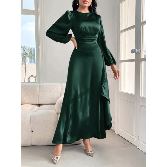 Dark Green Round Neck Lantern Sleeve A-Line Maxi Dress With Cinched Waist Elegant Evening Gown