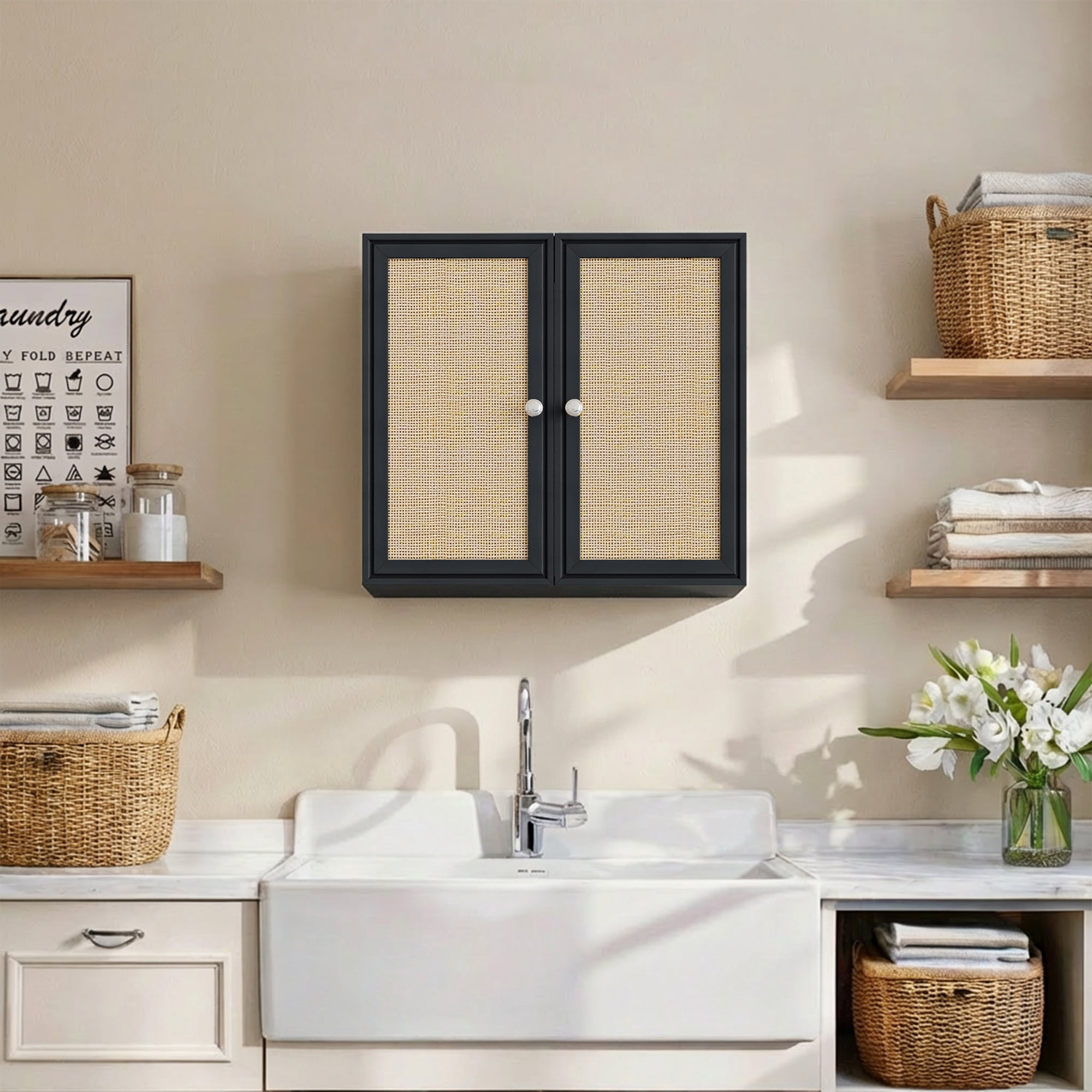 Rattan Laundry Room Cabinets, Bathroom Cabinets Wall Mounted with Adjustable Shelves