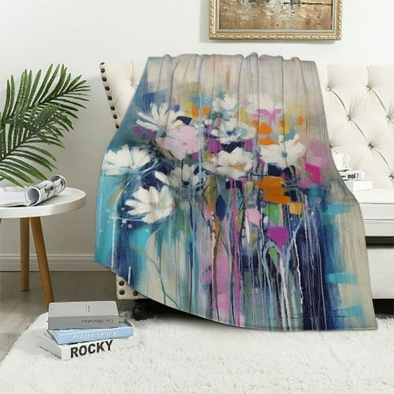 JEUXUS Blanket Gifts Flannel Fleece Throw Blanket Dripping Blue and Purple with Soft Neutrals Abstract - Available in Multiple Sizes White
