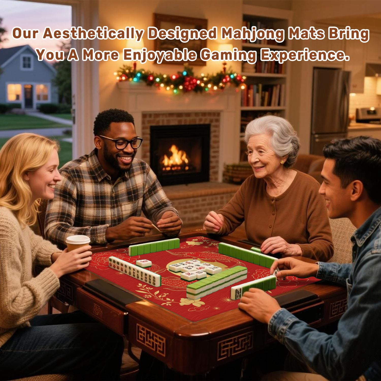 Mahjong Mat 31.5" x 31.5" traditional Chinese elements ornament carp gold color red peony Non-Slip Noise Reduction American Mahjong Tiles Table Cover for Dominoes Poker Card Board Games Gift