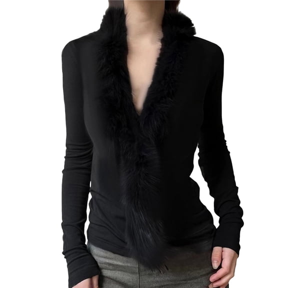 Women's V-Neck Long-Sleeved Sweater, Casual and Simple, with A Fleece Collar Black L
