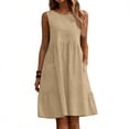 thumbnail image 2 of ClodeEU Women's Linen Blend Crinkle Sleeveless Crewneck Dress with Pockets ,Solid Color Casual Midi Dress Khaki,Womens Plus M, 2 of 6
