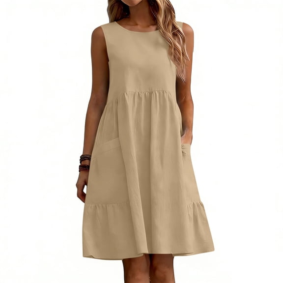 Kukoosong Women's Sleeveless Tank Dress with Pockets, Round Neck Midi Casual A-Line Flowy Summer Dress for Everyday Wear, Beach Vacation Loose Fit Dress