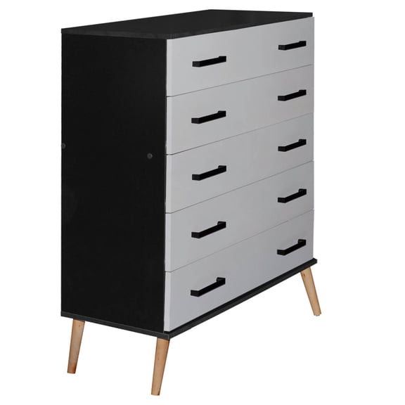 Better Home Products Eli Mid-Century Modern 5 Drawer Chest in Black & Light Gray