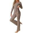 thumbnail image 4 of INSPIRE CHIC Women's Ribbed Knit Lounge Set Long Sleeves Top and Pants Pajama Sets Two Piece Matching Outfits Set S Brown, 4 of 5