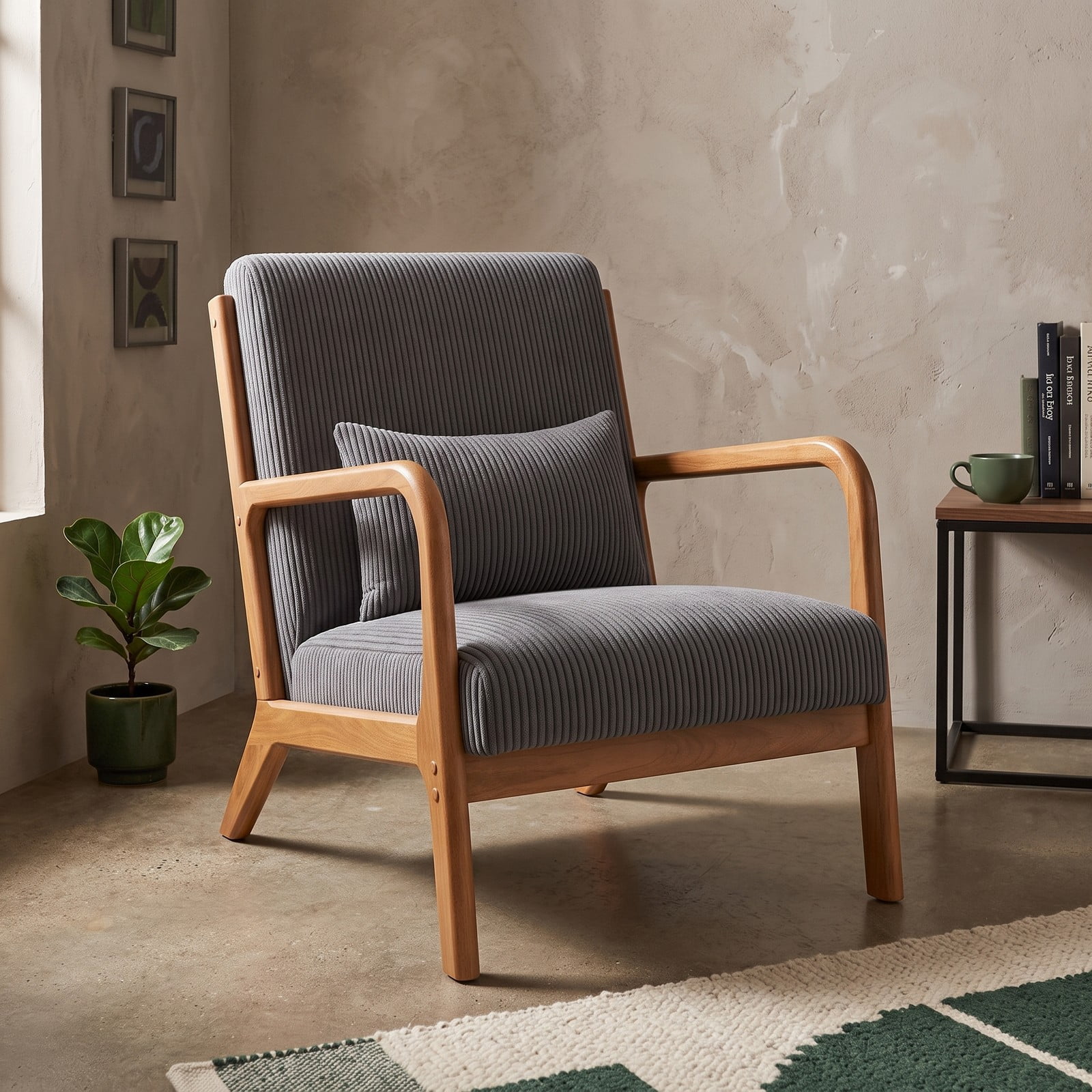 Furnibear Accent Chair, Corduroy Upholstered Lounge Chair with Lumbar Pillow, Ergonomic 105-Degree Backrest, Solid Wood Frame Armchair for Living Room Bedroom, Gray