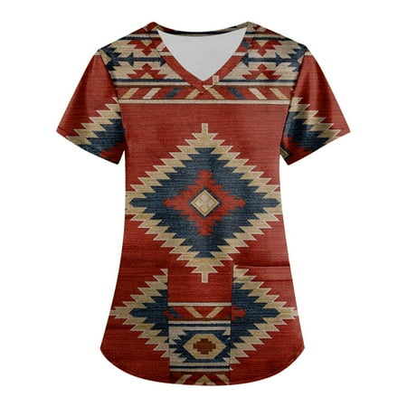 

OVTICZA Women s Working Pockets Uniform Holiday Professionals T Shirt Geometric Print Scrubs Top Short Sleeve V Neck Nursing Scrubs Wine S