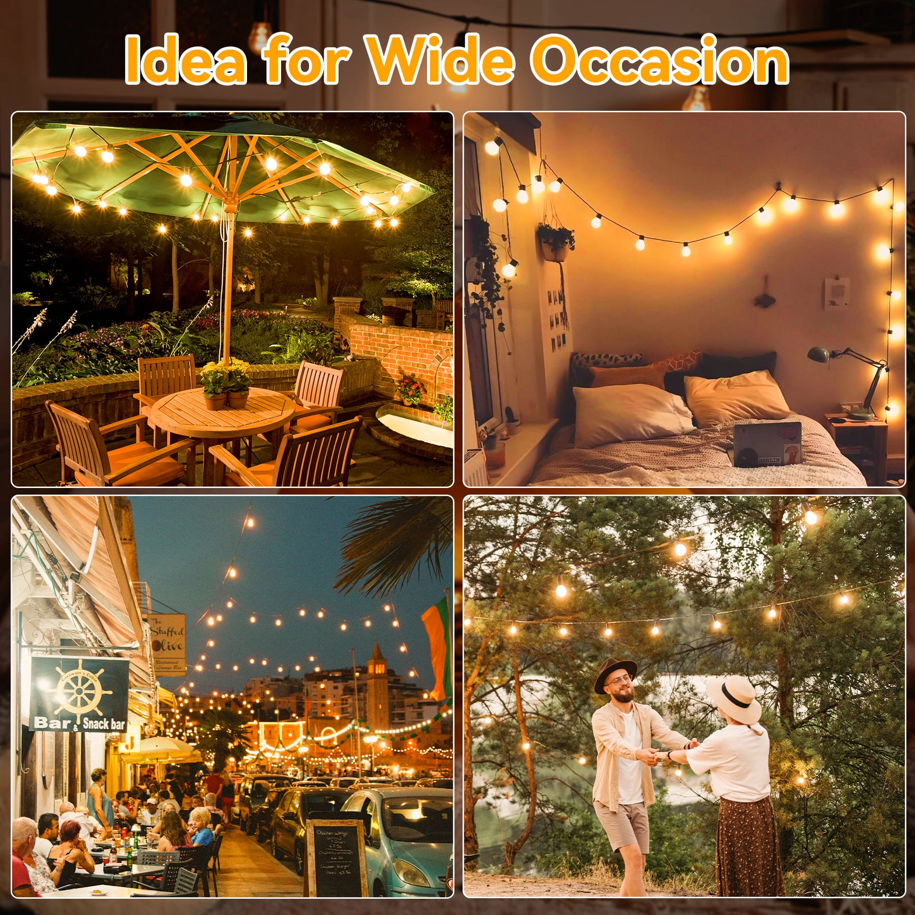 Ollny 50FT LED String Lights Outdoor, Waterproof Patio LED Lights with 27 G40 Edison Bulbs, Warm-white Outside Lights for Garden Bistro Backyard
