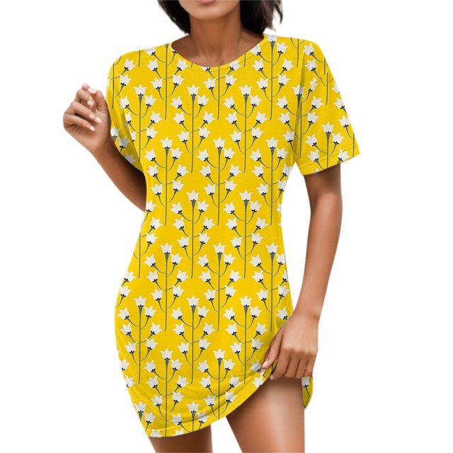 Gibobby Vestido corto casual para mujer Vestido de camiseta de manga corta con cuello redondo y estampado floral de moda de verano para mujer(Amarillo,XL)