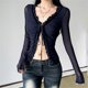 thumbnail image 5 of Women's Open Front Tie Long Sleeve T-Shirt Ruffle Trim Sheer Mesh Crop Tops Blouses Fashion Going Out Tops Shirt Blue L, 5 of 5