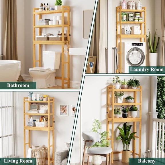 Over The Toilet Storage Cabinet, 3-Tier Bamboo Bathroom Organizers with Adjustable Shelf & 4 Hooks, Space Saving Shelf Rack for Bathrooms, Laundry Room, Balcony, Natural