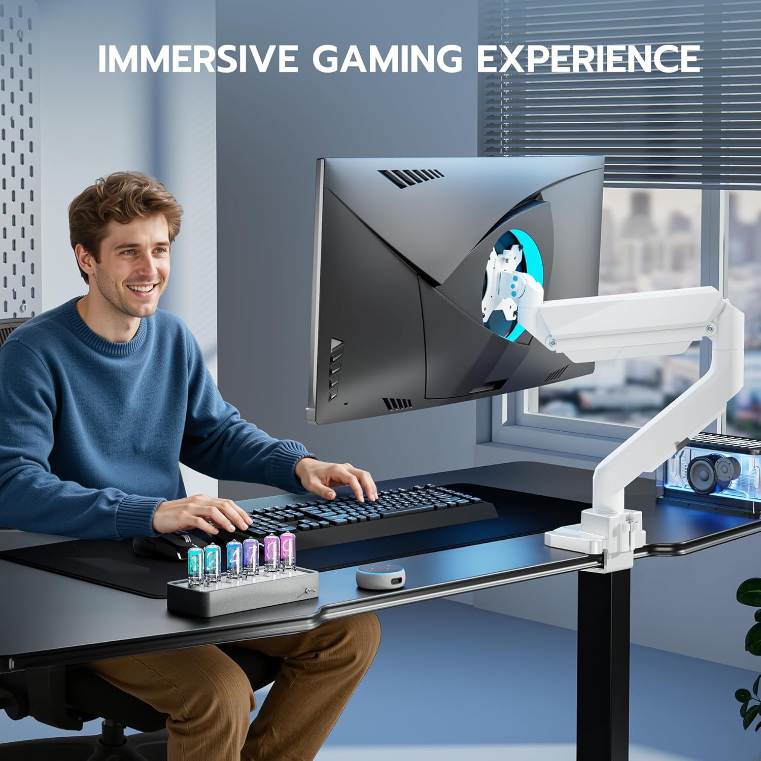 ARES WING Single Monitor Arm with USB, Heavy Duty Adjustable Monitor Arm for 13"-49" Screens, Gas Spring Monitor Arm Desk Mount with Clamp & Grommet Base Holds up to 40 lb, VESA 75x75 100x100, White