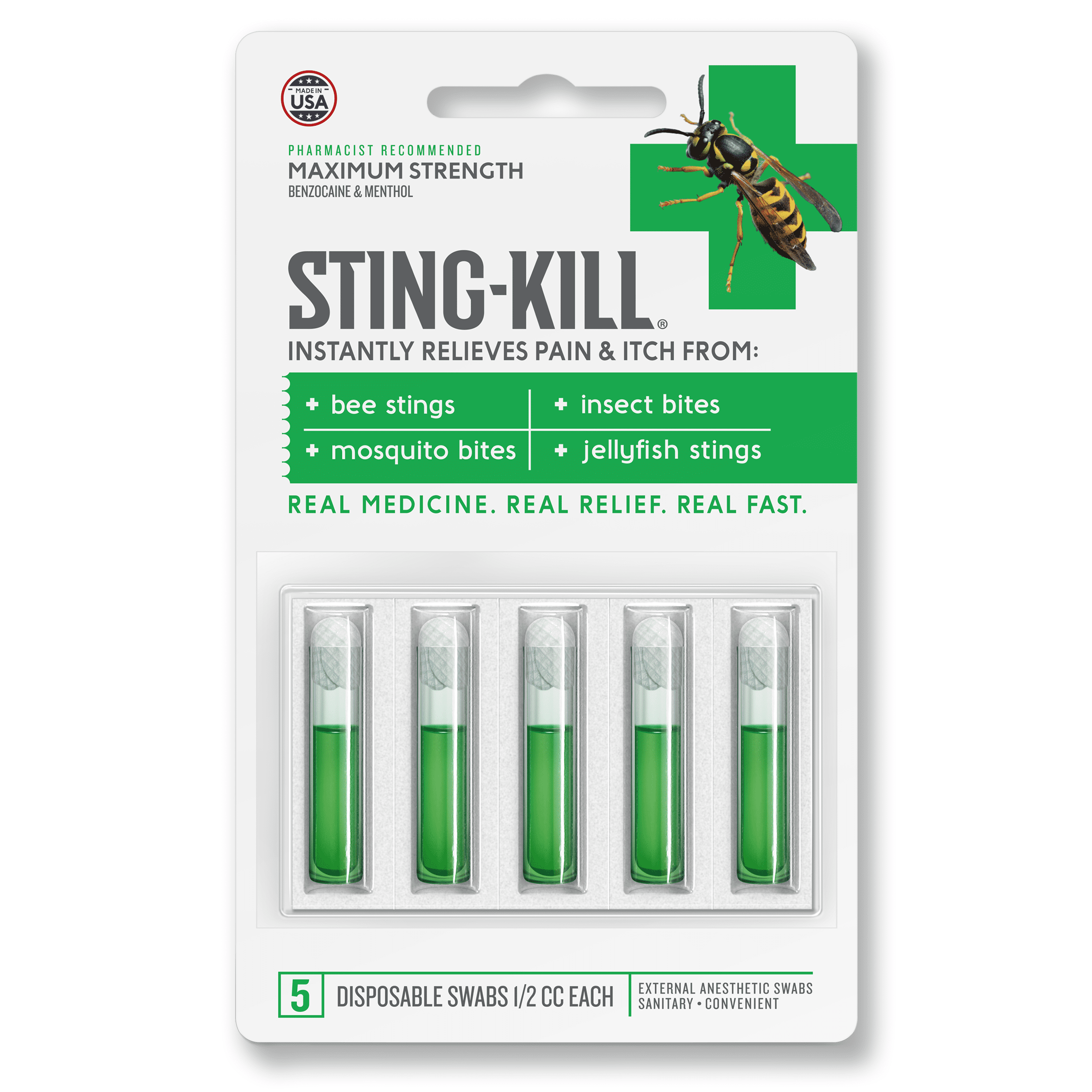 Sting-Kill First Aid Anesthetic Swabs, Instant Pain + Itch Relief From Bee Stings and Bug Bites, 5 Ct