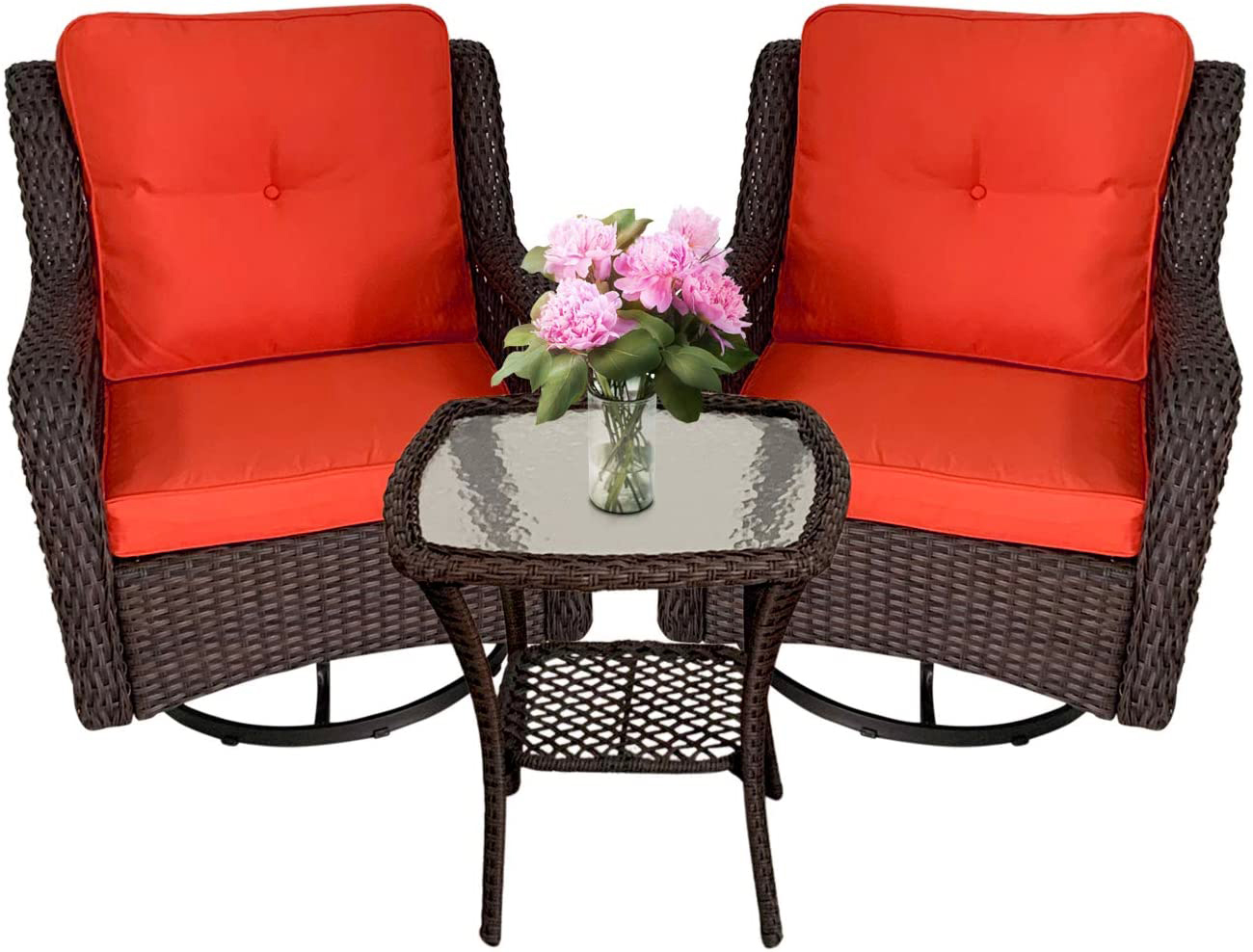 3-Piece Rattan Wicker Stainless Chat Set with Swivel Rocking Chairs Coffee Table for Indoor Outdoor Space Deck Porch Patio Conversation Bistro Set Rust - image 4 of 19