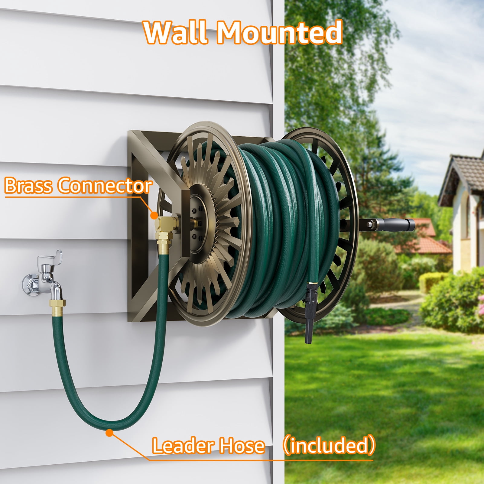 Outlandpro Garden Wall/Floor Mount Hose Reel, Decorative Hose Reel, Garden Heavy-Duty Water Hose Holde, Holds 200-Feet of 5/8-Inch Hose