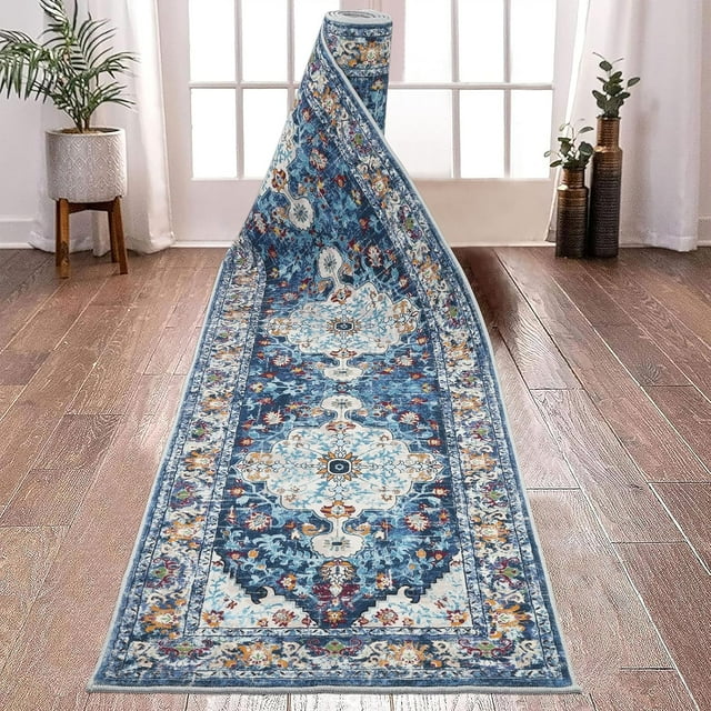 Findosom 2'x12' Hallway Runner Rug Washable Vintage Kitchen Laundry Runner with Non Slip Backing Farmhouse Entryway Living Room Floor Mat Stain Resistant Runner Carpet Blue