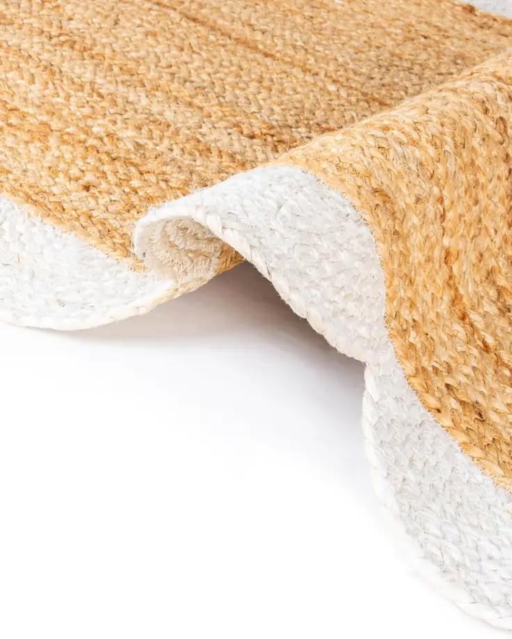 Indian Handmade Braided Natural Jute with White Border Scalloped Area Rug 8 x 8 Feet Square (244 cm x 244 cm), Home Decor Rugs